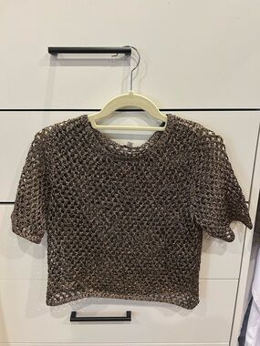Pilcro Metallic Brown Crochet Short Sleeve Top